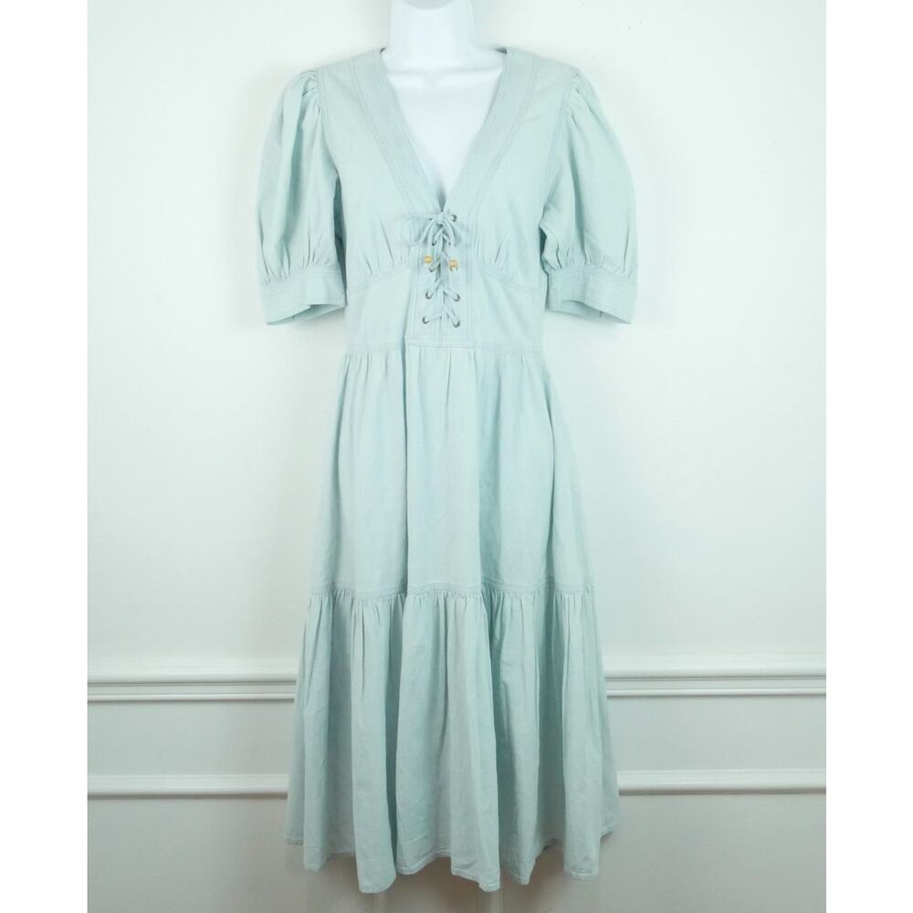 Lauren Ralph Lauren Chambray Puff‎ Sleeve Midi Dress Lace Up Front Cottagecore 8